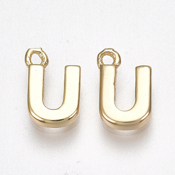 Brass Charms, Letter, Real 18K Gold Plated, Letter.U, 8.5x5.5x1.5mm, Hole: 0.8mm