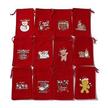 Christmas Theme Rectangle Velvet Bags, with Nylon Cord, Drawstring Pouches, for Gift Wrapping, Red, 15.5~16.7x9.5~10.2cm