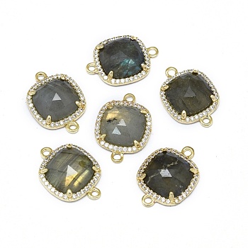 Natural Labradorite Links connectors, with Golden Tone Brass Findings and Cubic Zirconia, Faceted, Square, Clear, 18.5~19x13.5x4.5mm, Hole: 1.6mm