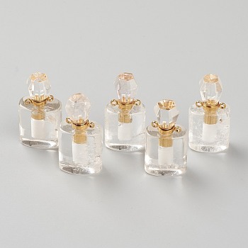 Natural Quartz Crystal Pendants, Rock Crystal Pendants, Openable Perfume Bottle, with Golden Tone Brass Findings, 33~35x17~19x11~13mm, Hole: 2mm, capacity: 1ml(0.03 fl. oz)
