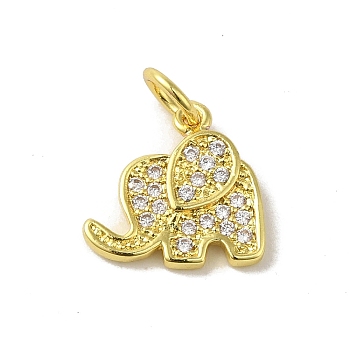 Real 18K Gold Plated Brass Pave Cubic Zirconia Pendants, with Jump Rings, Elephant, Clear, 12x12x2mm, Hole: 3mm