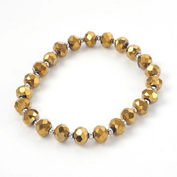 Electroplate Glass Stretch Bracelets, with Brass Spacer Beads, Round, Golden Plated, 2-1/8 inch(5.3cm)