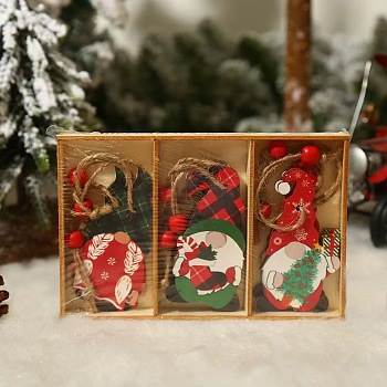 Christmas Wooden Gnome Box Set Pendant Decoration, for Christmas Tree Hanging Ornaments, Mixed Color, 155x10x15mm, 3pcs/box