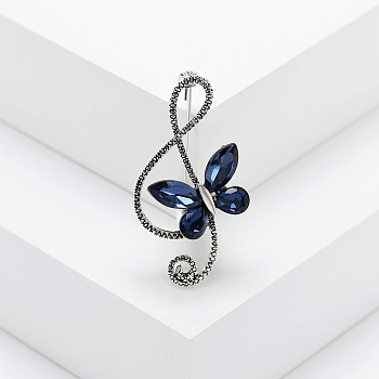 Alloy Rhinestone Safety Pin Brooch, Musical Note with Butterfly, Capri Blue, 44x23mm