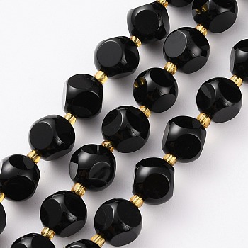 Natural Black Onyx Beads Strands, with Seed Beads, Six Sided Celestial Dice, Faceted, 8~8.5x8~8.5mm, Hole: 1mm, about 39pcs/strand, 15.75 inch(40cm)