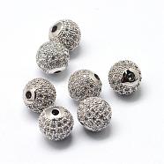 Rack Plating Brass Cubic Zirconia Beads, Long-Lasting Plated, Round, Platinum, 8x7mm, Hole: 2mm(ZIRC-S001-8mm-A02)