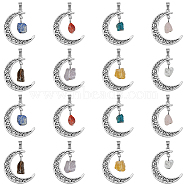 16Pcs 8 Styles Natural Mixed Gemstone Nuggets Pendants, Antique Silver Plated Alloy Cresent Moon Charms, 37x8x2~8mm, Hole: 4x7mm, 2pcs/style(PALLOY-AB00095)
