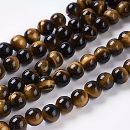 Natural Tiger Eye Beads Strands, Round, 6mm, Hole: 1mm, about 31pcs/strand, 8 inch(G-C076-6mm-1B)
