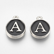 Alloy Enamel Charms, Flat Round with Letter, Platinum, Black, Letter.A, 14x11.5x2.5mm, Hole: 1mm(ENAM-T007-01-A)