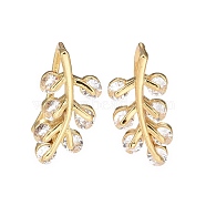 Cubic Zirconia Leaf Dangle Earrings, Real 18K Gold Plated Brass Jewelry for Women, Lead Free & Cadmium Free, Clear, 18x9mm, Pin: 1mm(EJEW-A069-08G)