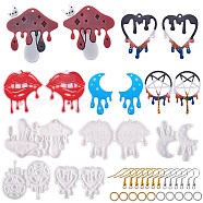 5Pcs Halloween Theme DIY Pendant Silicone Molds, Resin Casting Molds, with 40pcs Iron Earring Hooks and 40Pcs Jump Rings, for Earring Making, Lips & Heart & Mushroom & Flat Round, White, Silicone Molds: 63~99x49~54x4mm, Hole: 2~2.8mm, 5pcs(DIY-SZ0006-39)