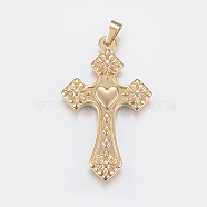 Ion Plating(IP) 304 Stainless Steel Big Pendants, Cross with Heart, Golden, 50x30x3mm, Hole: 4x7mm(STAS-I077-04G)
