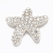 Alloy Rhinestone Cabochons, Starfish, Crystal, Silver Color Plated, 28x32x5mm(X-RB-T008-06S)
