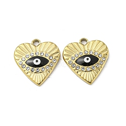 Ion Plating(IP) 304 Stainless Steel Rhinestone Pendants, with Enamel, Heart with Evil Eye Charm, Golden, Black, 17x16x3mm, Hole: 1.9mm(STAS-E207-01G-02)