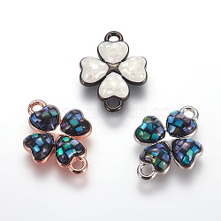 Brass Enamel Links connectors, with Freshwater Shell, Four Leaf Clover, Mixed Color, 16.5x12x2.5mm, Hole: 1.5mm(KK-E765-07)