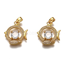 Brass Clear Cubic Zirconia Constellation Charms, Long-Lasting Plated, with Jump Ring, Real 18K Gold Plated, Pisces, 21x19x4mm, Hole: 4.5x2mm(KK-B031-07G)