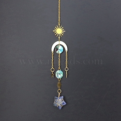 Natural Sodalite Star Sun Catcher Hanging Ornaments with Brass Sun, for Home, Garden Decoration, Golden, 400mm(HJEW-PW0002-13F)