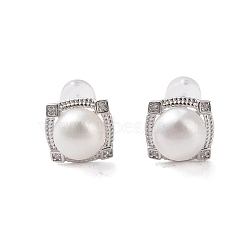 925 Sterling Silver Studs Earring, with Cubic Zirconia and Natural Pearl, Square, Platinum, 10x12.5mm(EJEW-H002-14P)