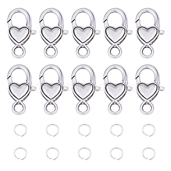 Tibetan Style Heart Alloy Lobster Claw Clasps, Lead Free & Cadmium Free & Nickel Free, with Iron Open Jump Rings, Antique Silver & Platinum, 80pcs/box(TIBE-PH0005-17)