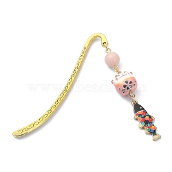 Japanese Style Maneki-neko Bookmark, Lucky Cat & Fish Pendant Bookmark with Natural Round Pink Opal, Alloy Hook Bookmarks, 84mm(AJEW-JK00260-05)