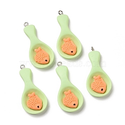Opaque Resin Pendants, with Platinum Tone Iron Loops, Imitation Food, Spoon with Fish, Pale Green, 42x18.5x6mm, Hole: 2mm(RESI-G032-F03)