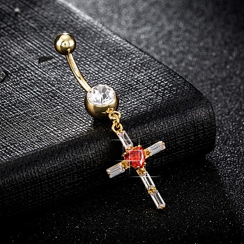Piercing Jewelry, Brass Cubic Zirconia Navel Ring, Belly Rings, with Surgical Stainless Steel Bar, Cadmium Free & Lead Free, Real 18K Gold Plated, Cross, Red, 48x16mm, Bar: 15 Gauge(1.5mm), Bar Length: 3/8"(10mm)