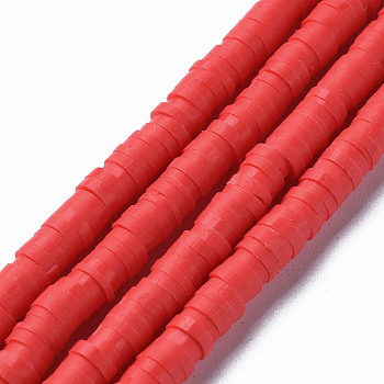 Eco-Friendly Handmade Polymer Clay Beads, Disc/Flat Round, Heishi Beads, Red, 4x1mm, Hole: 1mm, about 380~400pcs/strand, 17.7 inch
