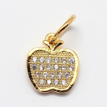 CZ Brass Micro Pave Cubic Zirconia Apple Charms, Golden, 12x10x2mm, Ring: 7x1.1mm