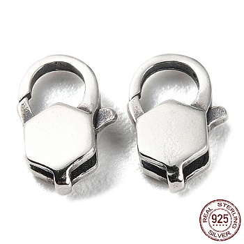 925 Thailand Sterling Silver Lobster Claw Clasps, Hexagon, Antique Silver, 11x7x3mm, Hole: 1.2mm