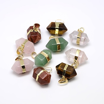 Double Terminated Pointed Gemstone Pendants, with Golden Tone Brass Findings, 15~17x22x13mm, Hole: 8x5mm
