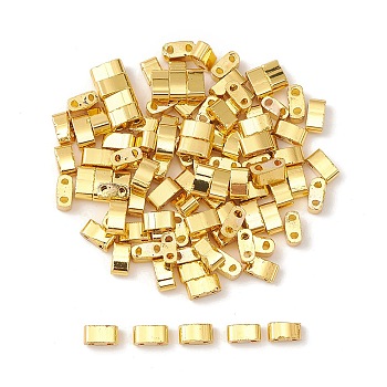Metallic Colours Glass Seed Beads, 2-Hole, Rectangle, Golden Plated, 4.5~5.5x2x2~2.5mm, Hole: 0.5~0.8mm