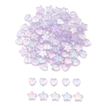 100Pcs 2 Style Eco-Friendly Transparent Acrylic Beads, Heart/Star, Dyed, AB Color, Blue Violet, 8~10x8~10x3~4mm, Hole: 1.5mm, 50pcs/style