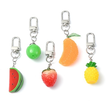 Fruit Resin Pendant Decoration, with Alloy Swivel Clasps, Strawberry/Apple/Pineapple/Watermelon/Orange, Mixed Color, 71~86mm, 5pcs/set