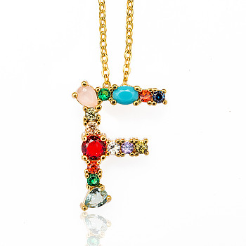 Golden Brass Micro Pave Cubic Zirconia Initial Pendants Necklaces, with Cable Chains, Colorful, Letter, Letter.F, 17.9~18.1 inch(45.5~46cm)x1.5mm, LetterF: 20.5x15x6mm