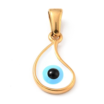Vacuum Plating 304 Stainless Steel Pendants, with Enamel, Teardrop with Evil Eye, Golden, 15.5x9x2.5mm, Hole: 4.5x2.5mm