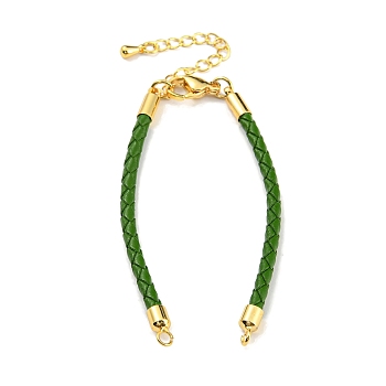 Leather Braided Cord Link Bracelets, Fit for Connector Charms, with Long-Lasting Plated Rack Plating Colden Tone Brass Lobster Claw Clasp & Chain Extender, Green, 6x1/8 inch(15.2cm), Hole: 2mm