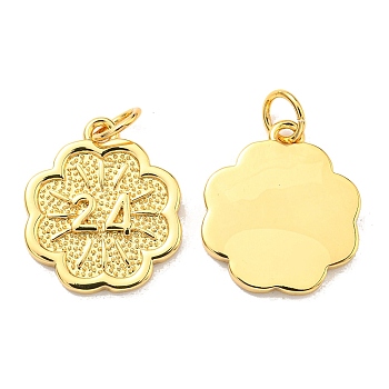Rack Plating Brass Pendants, with Jump Ring, Lead Free & Cadmium Free, Long-Lasting Plated, Clover with Number 24 Charm, Real 18K Gold Plated, 16x14x2mm, Hole: 3.6mm