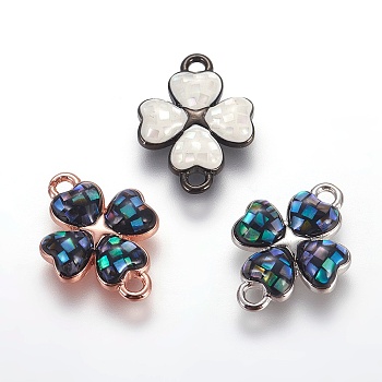 Brass Enamel Links connectors, with Freshwater Shell, Four Leaf Clover, Mixed Color, 16.5x12x2.5mm, Hole: 1.5mm