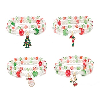 2Pcs 2 Style Glass Pearl & Lampwork Mushroom Beaded Stretch Bracelets Set with Alloy Enamel Christmas Charm for Women, Mixed Color, Inner Diameter: 2-1/4~2-1/2 inch(5.7~6.2cm), 1Pc/style