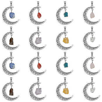 16Pcs 8 Styles Natural Mixed Gemstone Nuggets Pendants, Antique Silver Plated Alloy Cresent Moon Charms, 37x8x2~8mm, Hole: 4x7mm, 2pcs/style