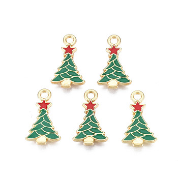 Rack Plating Alloy Enamel Pendants, Cadmium Free & Nickel Free & Lead Free, Light Gold, Christmas Tree with Star, Dark Green, 20x11.5x2.5mm, Hole: 2mm