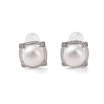 925 Sterling Silver Studs Earring, with Cubic Zirconia and Natural Pearl, Square, Platinum, 10x12.5mm