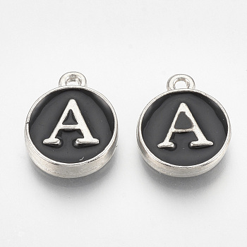 Alloy Enamel Charms, Flat Round with Letter, Platinum, Black, Letter.A, 14x11.5x2.5mm, Hole: 1mm