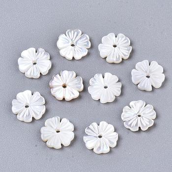 Natural White Shell Beads, Mother of Pearl Shell Beads, Flower, 8.5x8.5x1.5mm, Hole: 1mm
