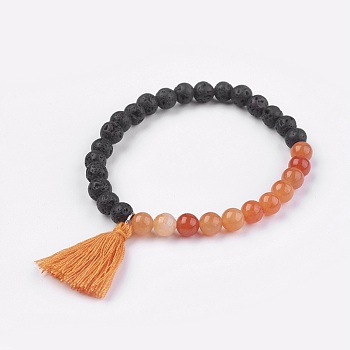Natural Red Aventurine Stretch Bracelets, with Lava Rock and Cotton Thread Tassel, 2-1/8 inch(5.5cm)