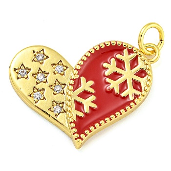 Christmas Theme, Real 18K Gold Plated Brass Enamel Pendants with Jump Rings and Cubic Zirconia, Heart, 16x23x2.5mm, Hole: 3mm