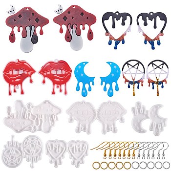 5Pcs Halloween Theme DIY Pendant Silicone Molds, Resin Casting Molds, with 40pcs Iron Earring Hooks and 40Pcs Jump Rings, for Earring Making, Lips & Heart & Mushroom & Flat Round, White, Silicone Molds: 63~99x49~54x4mm, Hole: 2~2.8mm, 5pcs