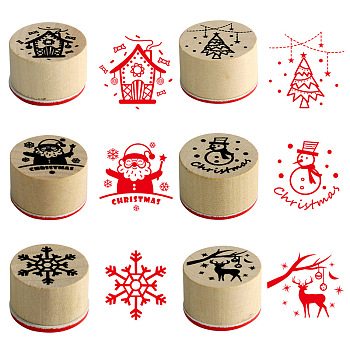 6Pcs 6 Styles Christmas Theme Wooden Stamps, Column with Snowflake & Reindder & Christmas Tree & Santa Claus & Snowman & House, BurlyWood, 13.5x9x2.1cm, Stamp: 30x21mm, 1pc/style