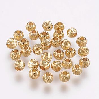 Brass Spacer Beads, Long-Lasting Plated, Corrugated Round, Real 18K Gold Plated, 5x4mm, Hole: 2mm