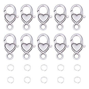Tibetan Style Heart Alloy Lobster Claw Clasps, Lead Free & Cadmium Free & Nickel Free, with Iron Open Jump Rings, Antique Silver & Platinum, 80pcs/box